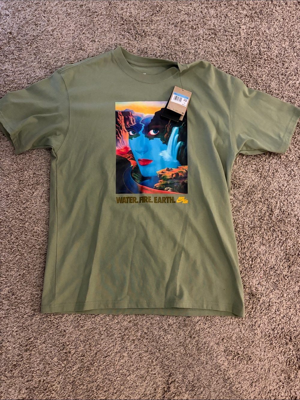 Nike Olive Graphic Tee with "Water. Fire. Earth." Artwork